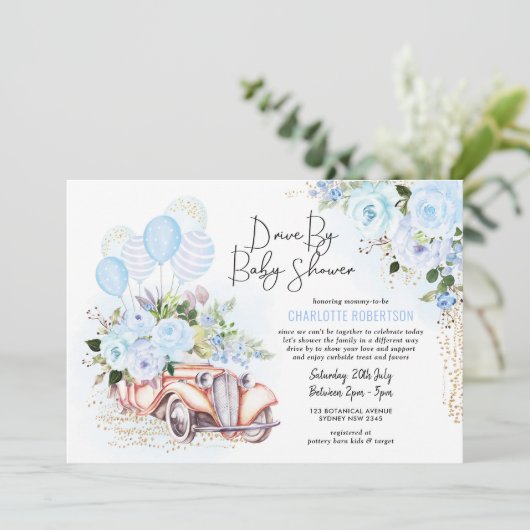 Elegant Drive van Baby shower Blue Gold Floral Boy Kaart (Staand voorkant)