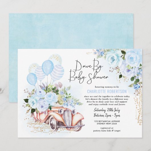 Elegant Drive van Baby shower Blue Gold Floral Boy Kaart (Voorkant / Achterkant)