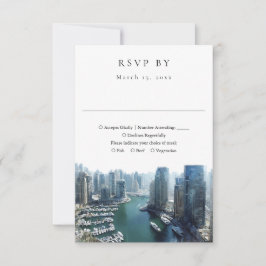 Elegant Dubai Skyline Watercolor Wedding RSVP Kaartje