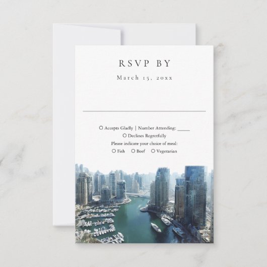 Elegant Dubai Skyline Watercolor Wedding RSVP Kaartje (Voorkant)