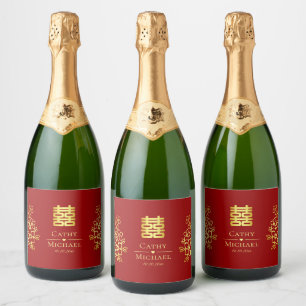 Elegant dubbel geluk Chinese trouwflorale Sparkling Wijnetiket