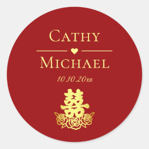 Elegant dubbel geluk roos Chinese bruiloft rood Ronde Sticker