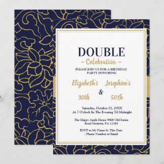 Elegant dubbel verjaardagsfeest Navy Blue Goud Flo Kaart