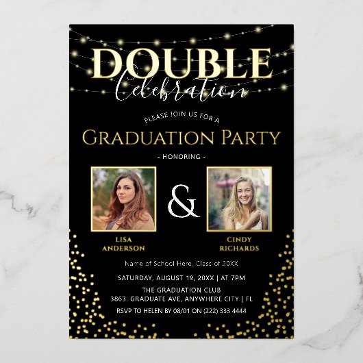 Elegant Dubbele Viering Graduation Party Goud Folie Uitnodiging (Voorkant)
