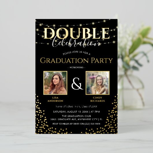 Elegant Dubbele Viering Graduation Party Goud Folie Uitnodiging (Staand Voorkant)
