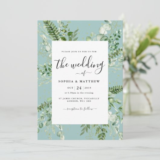 Elegant Duck Egg Eucalyptus Weddenschap Kaart (Staand voorkant)