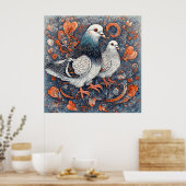 Elegant Duivenpaar Te midden van Ingewikkelde Bloe Poster (Keuken)