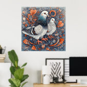 Elegant Duivenpaar Te midden van Ingewikkelde Bloe Poster (Thuiskantoor)