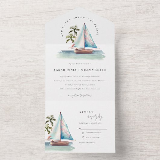 Elegant Dusky Blauwgroen Sailboot Palm Seascape We All In One Uitnodiging (Binnen)