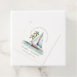 Elegant Dusky Blauwgroen Sailboot Palm Seascape We Bedankjes Labels