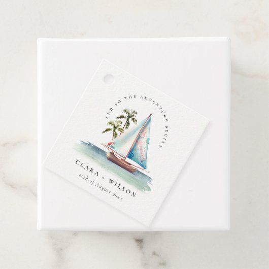 Elegant Dusky Blauwgroen Sailboot Palm Seascape We Bedankjes Labels (In situ)