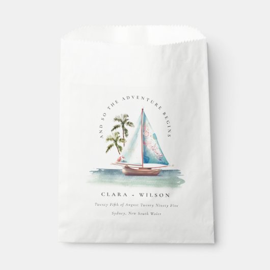 Elegant Dusky Blauwgroen Sailboot Palm Seascape We Bedankzakje (Voorkant)