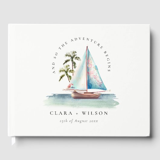 Elegant Dusky Blauwgroen Sailboot Palm Seascape We Gastenboek (Voorkant)