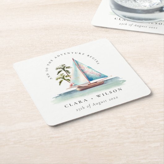 Elegant Dusky Blauwgroen Sailboot Palm Seascape We Kartonnen Onderzetters (Schuin)