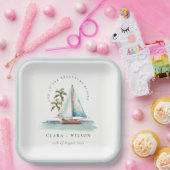 Elegant Dusky Blauwgroen Sailboot Palm Seascape We Papieren Bordje (Feest)