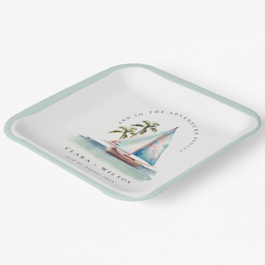 Elegant Dusky Blauwgroen Sailboot Palm Seascape We Papieren Bordje (Gebogen)