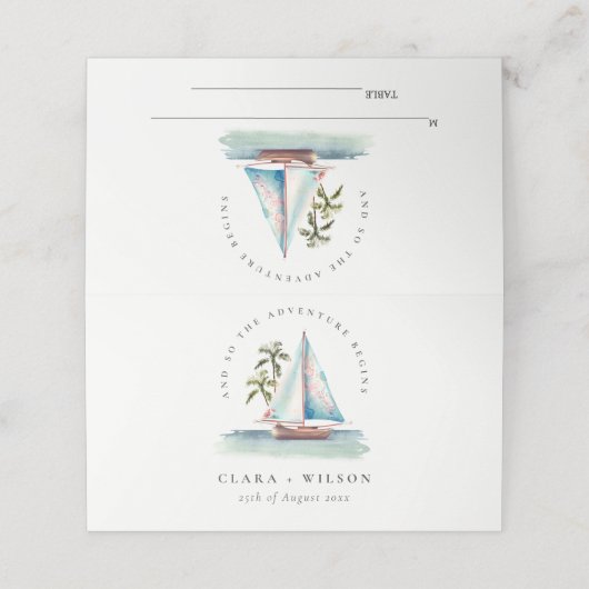 Elegant Dusky Blauwgroen Sailboot Palm Seascape We Plaatskaartje (Buitenkant ongevouwen)