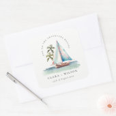 Elegant Dusky Blauwgroen Sailboot Palm Seascape We Vierkante Sticker (Envelop)