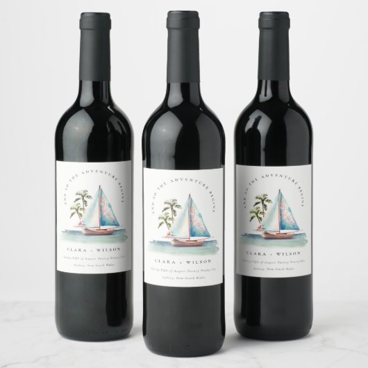 Elegant Dusky Blauwgroen Sailboot Palm Seascape We Wijn Etiket (Flessen)