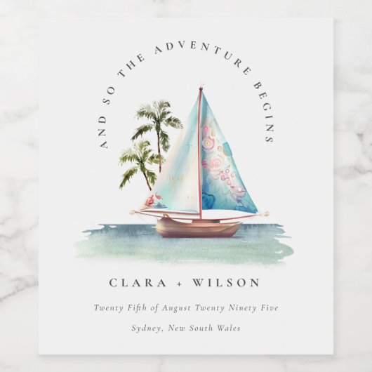 Elegant Dusky Blauwgroen Sailboot Palm Seascape We Wijn Etiket (Enkel label)