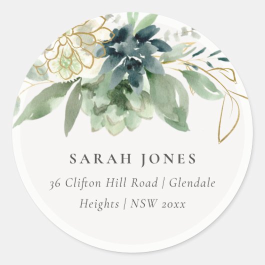 Elegant Dusky Blue Green Succulent Foliage Address Ronde Sticker (Voorkant)