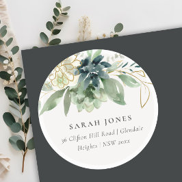 Elegant Dusky Blue Green Succulent Foliage Address Ronde Sticker