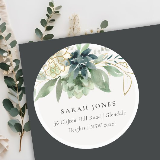 Elegant Dusky Blue Green Succulent Foliage Address Ronde Sticker
