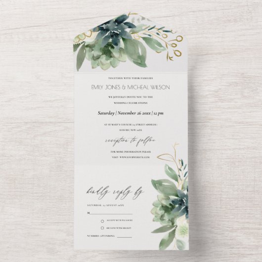 Elegant Dusky Blue Green Succulent Foliage Weddens All In One Uitnodiging (Binnen)