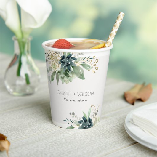 Elegant Dusky Blue Green Succulent Foliage Weddens Papieren Bekers (Insitu)