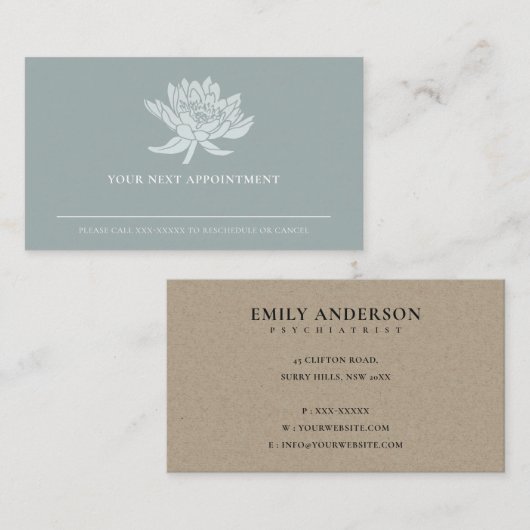 ELEGANT DUSKY BLUE LOTUS FLORAL APPOINTUS VISITEKAARTJE (Voorkant / Achterkant)