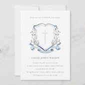 Elegant Dusky Blue Wildflower Cross Crest Baptisme Kaart (Voorkant)