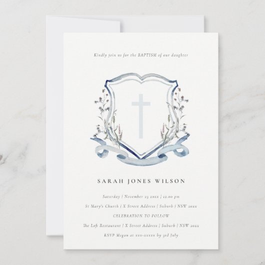 Elegant Dusky Blue Wildflower Cross Crest Baptisme Kaart (Voorkant)