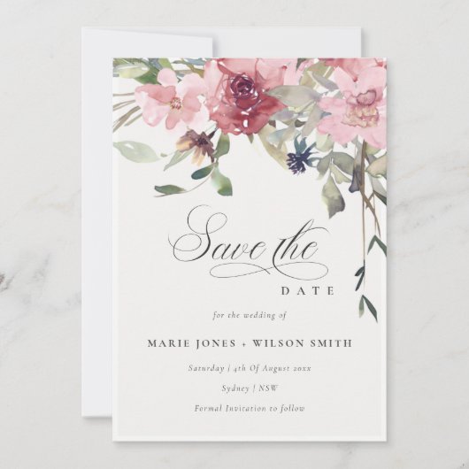 Elegant Dusky Blush Roos Floral Save the Date Kaar Bedankkaart (Voorkant)