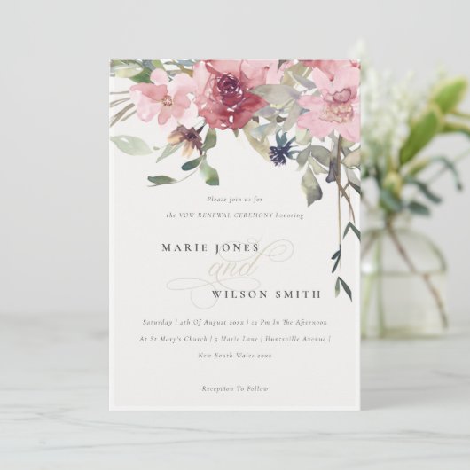 Elegant Dusky Blush Roos Floral Vow Renewal Invite Bedankkaart (Staand voorkant)