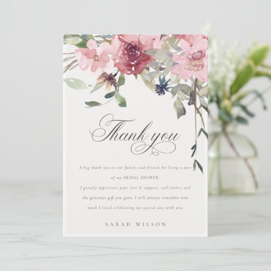 Elegant Dusky Blush Roos Floral Vrijgezellenfeest Bedankkaart (Staand voorkant)