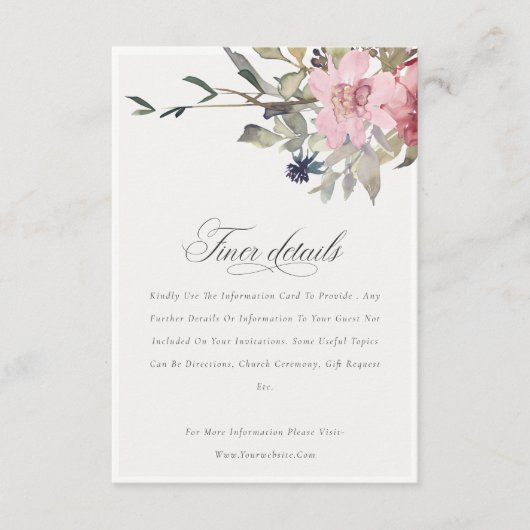 Elegant Dusky Blush Roos Floral Wedding Details Informatiekaartje (Voorkant)