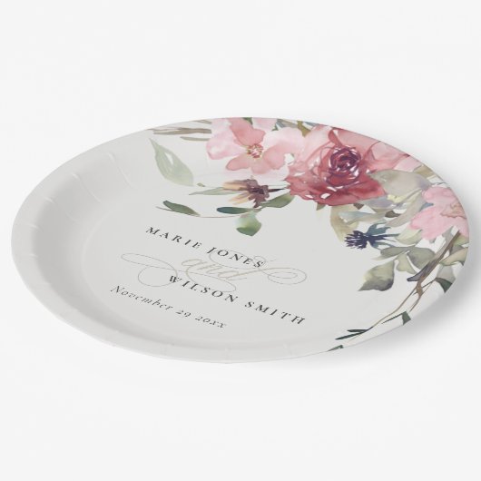 Elegant Dusky Blush Roos Wildflower Wedal Wedding Papieren Bordje (Gekanteld)