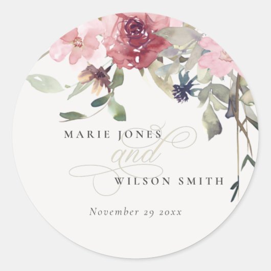 Elegant Dusky Blush Roos Wildflower Wedal Wedding Ronde Sticker (Voorkant)