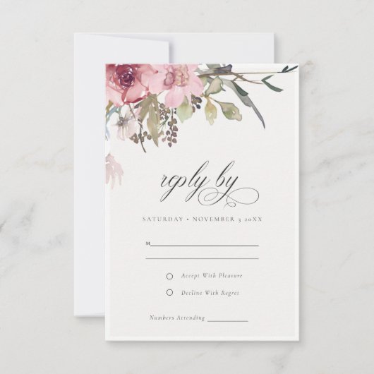 Elegant Dusky Blush Roos Wildflower Wedal Wedding RSVP Kaartje (Voorkant)