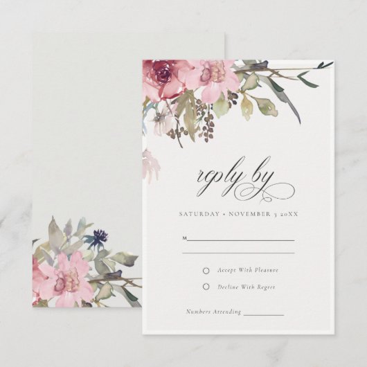 Elegant Dusky Blush Roos Wildflower Wedal Wedding RSVP Kaartje (Voorkant / Achterkant)