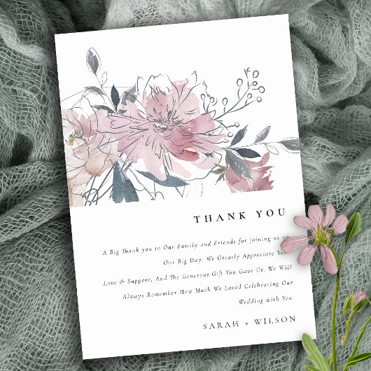 Elegant Dusky Blush Waterverf Bloemen Bruiloft Bedankkaart
