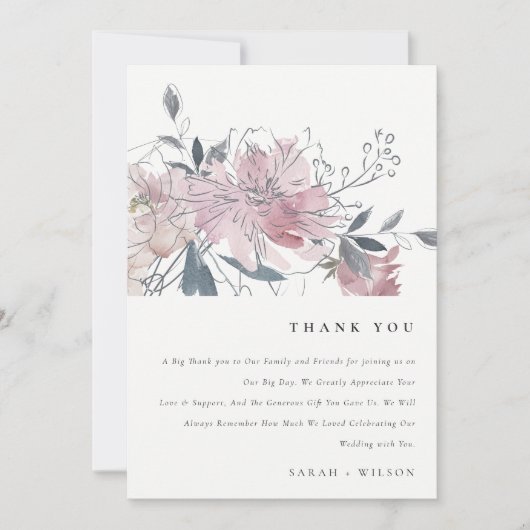 Elegant Dusky Blush Waterverf Bloemen Bruiloft Bedankkaart (Voorkant)