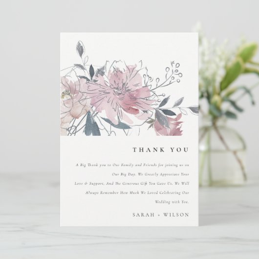 Elegant Dusky Blush Waterverf Bloemen Bruiloft Bedankkaart (Staand voorkant)