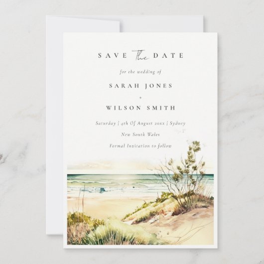 Elegant Dusky Coastal Beach Sand Sun Seascape Save The Date (Voorkant)