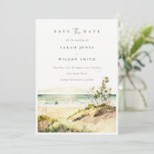 Elegant Dusky Coastal Beach Sand Sun Seascape Save The Date (Staand voorkant)