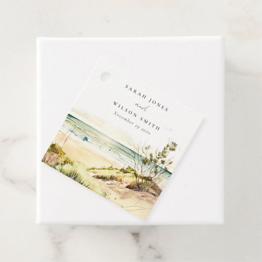 Elegant Dusky Coastal Beach Sun Seascape Wedding Bedankjes Labels (In situ)