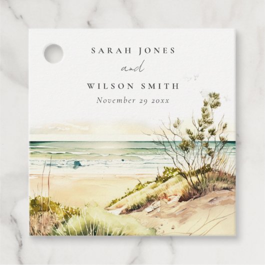 Elegant Dusky Coastal Beach Sun Seascape Wedding Bedankjes Labels (Voorkant)