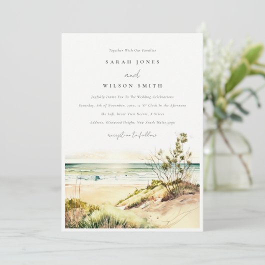 Elegant Dusky Coastal Beach Sun Seascape Wedding Kaart (Staand voorkant)