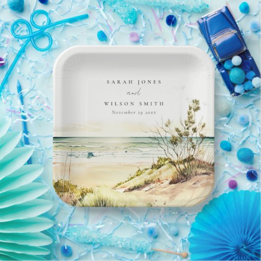 Elegant Dusky Coastal Beach Sun Seascape Wedding Papieren Bordje (Feest)