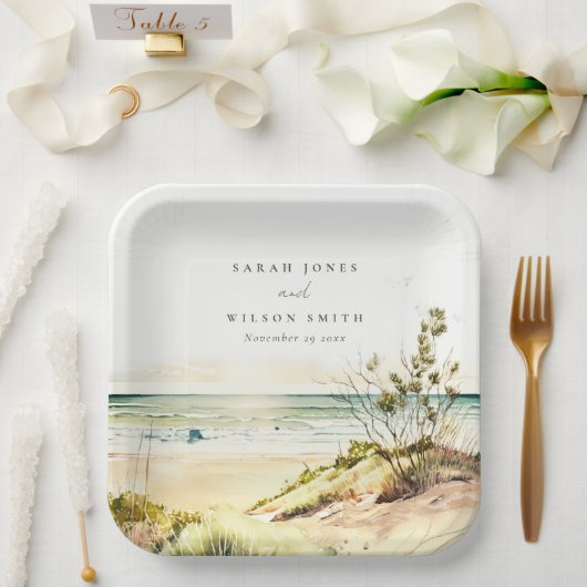 Elegant Dusky Coastal Beach Sun Seascape Wedding Papieren Bordje (Huwelijk)